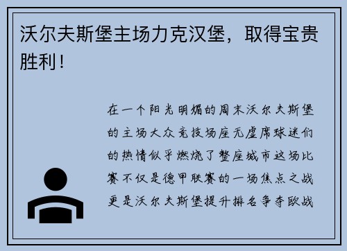 沃尔夫斯堡主场力克汉堡，取得宝贵胜利！