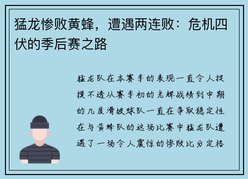 猛龙惨败黄蜂，遭遇两连败：危机四伏的季后赛之路
